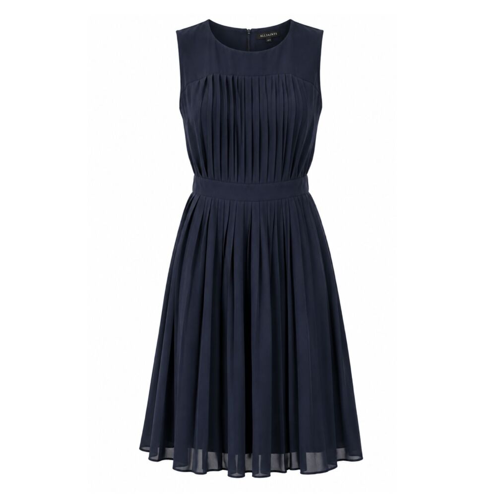 AllSaints Navy Pleated Sleeveless Midi Dress